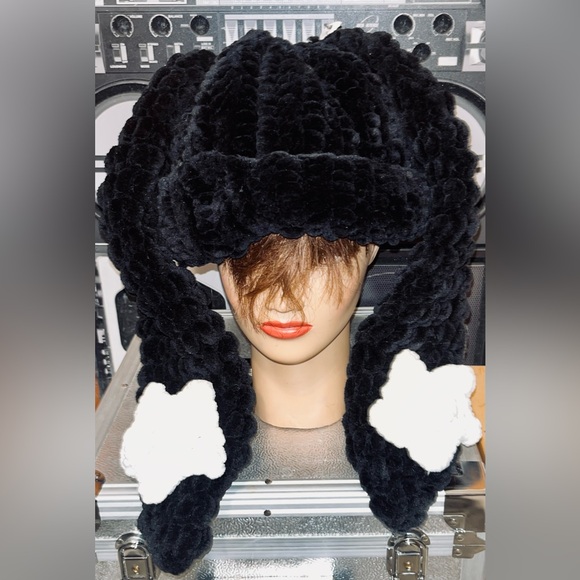 Handmade Black Super Thick Knit Rill Up Beanie w/ Bunny Ears Women\'s Hat main image 4